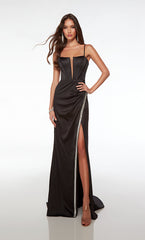 Formal Long Plunging Neckline Spaghetti Strap High Slit Dress