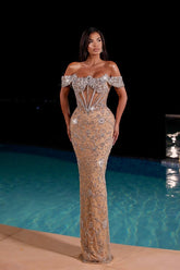 Long Mermaid Off-the-Shoulder Sequin Beaded Formal Evening Dresses