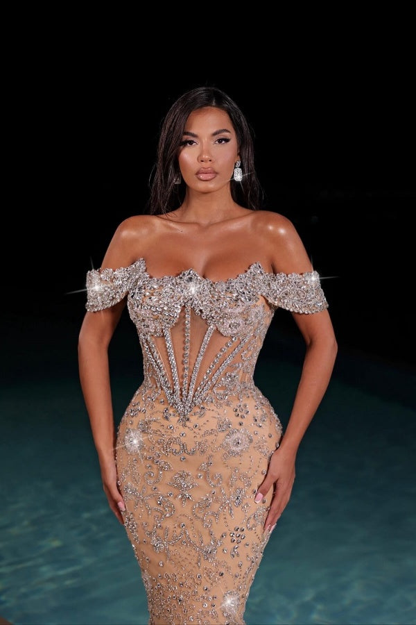 Long Mermaid Off-the-Shoulder Sequin Beaded Formal Evening Dresses