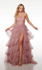 Formal Prom Dress Long Sleeveless V Neck Tulle Gown with Slit Gloves