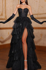 Formal Prom Dress Long Sleeveless V Neck Tulle Gown with Slit Gloves