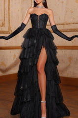 Formal V Neck Tulle Prom Dress with Split and Gloves
