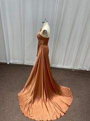 Long Sleeveless Satin Mermaid Formal Prom Dresses with Side Train