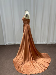 Long Sleeveless Satin Mermaid Formal Prom Dresses with Side Train