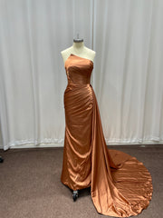 Long Sleeveless Satin Mermaid Formal Prom Dresses with Side Train