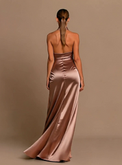 Mauve Halter Sleeveless Mermaid Prom Dress with High Slit