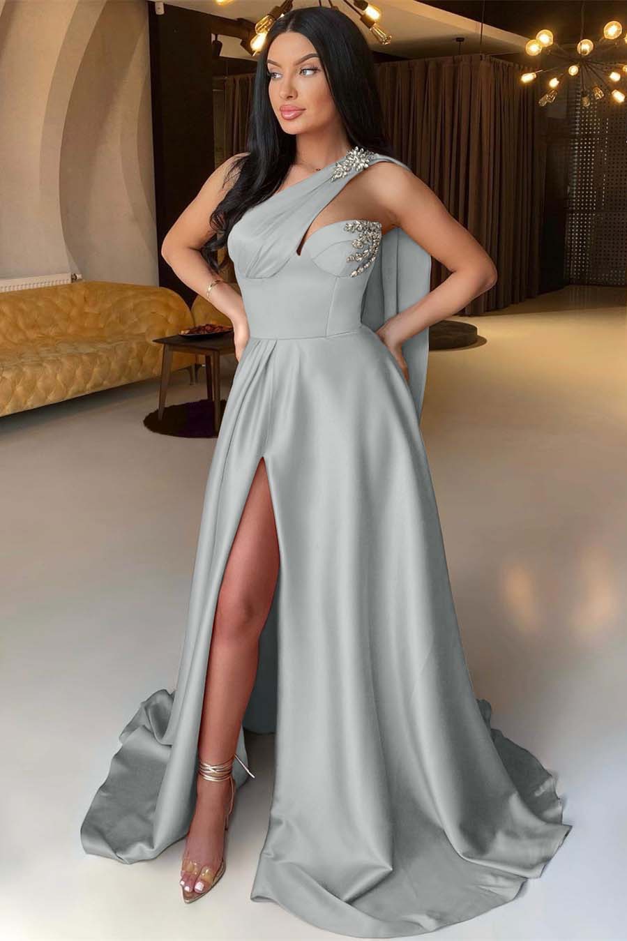 One Shoulder Mermaid Long Prom Dress with Front Split and Beading