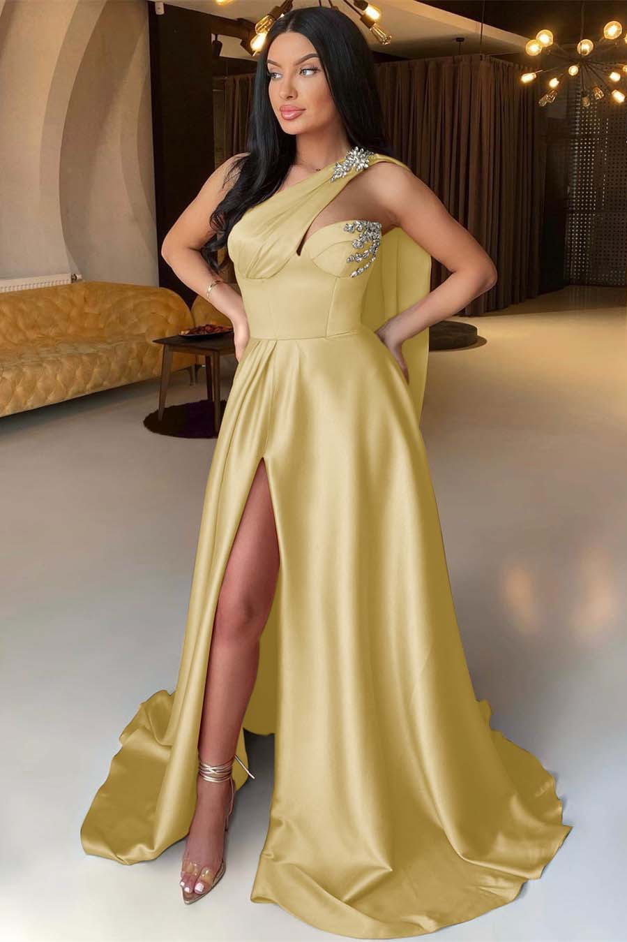 One Shoulder Mermaid Long Prom Dress with Front Split and Beading