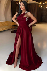 One Shoulder Mermaid Long Prom Dress with Front Split and Beading