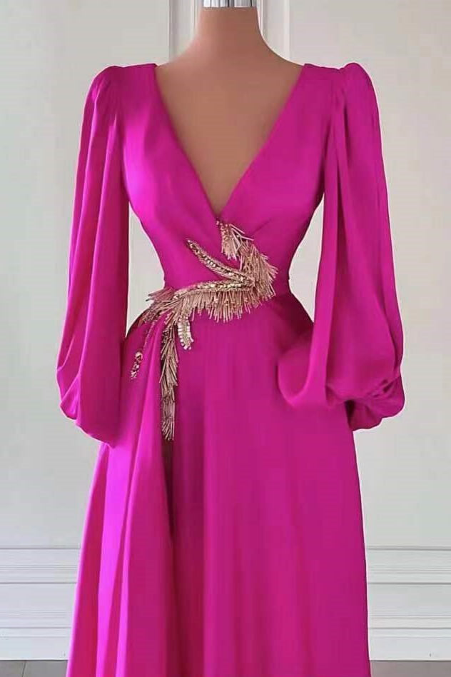 Dark V Neck A-Line Long Sleeve Long Prom Dress