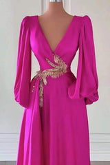 Dark V Neck A-Line Long Sleeve Long Prom Dress