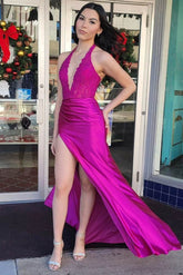 Fuchsia Lace Applique Satin High Slit Mermaid Dress