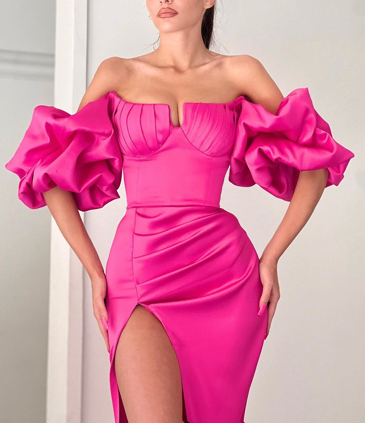 Fuchsia Off the Shoulder Mermaid Prom Dress with Split and Puff Sleeves