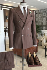 Garrett Stylish Coffee Peaked Lapel Double Breasted Striped Business Suits