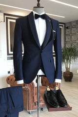 Gene Navy Blue Shawl Lapel Wedding Suit with One Button