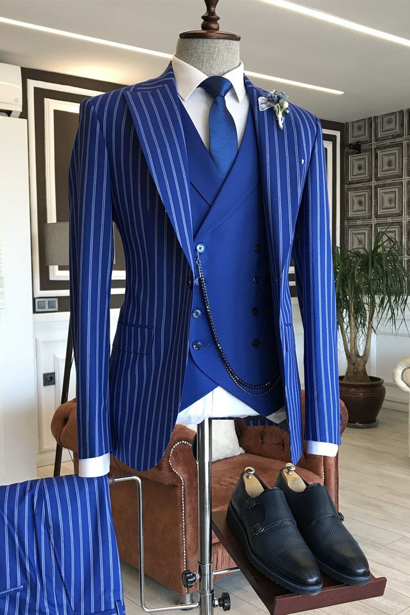 Gentle Blue Three-Piece Bespoke Suit with Peaked Lapel and Stripes