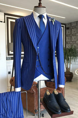 Gentle Blue Three-Piece Bespoke Suit with Peaked Lapel and Stripes