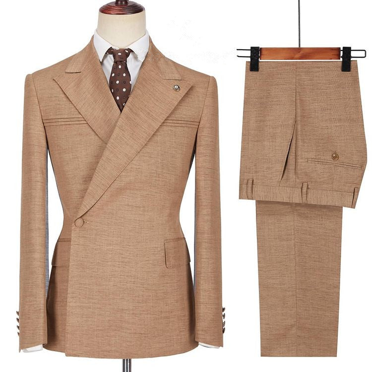 Gentle Brown Peaked Lapel Prom Suit with Ruffles