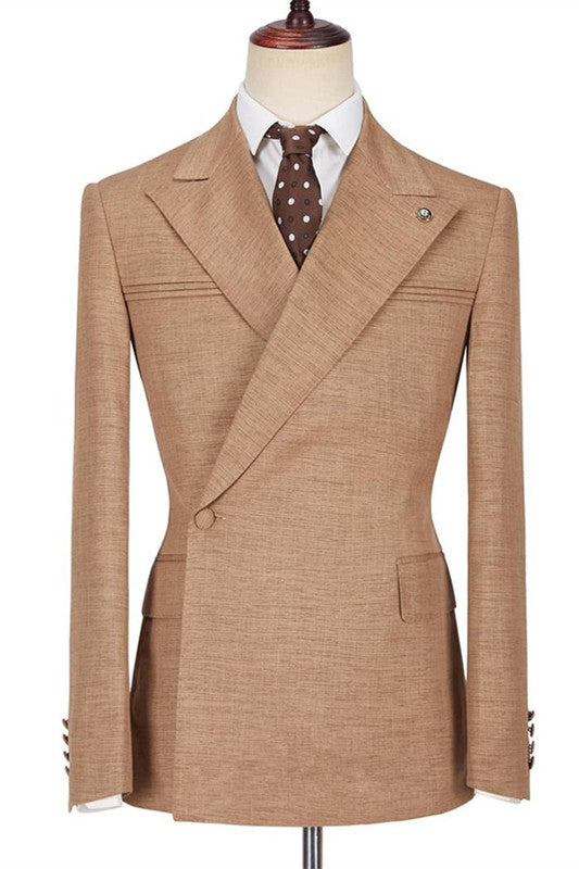 Gentle Brown Peaked Lapel Prom Suit with Ruffles