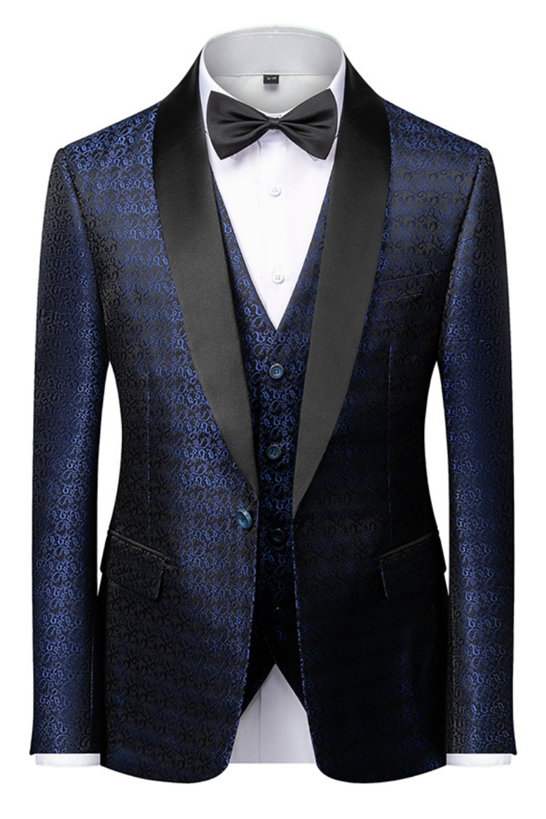 Gentle Dark Navy Blue Floral Jacquard One-Button Wedding Suit
