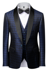 Gentle Dark Navy Blue Floral Jacquard One-Button Wedding Suit