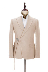 Gentle David Beckham-Inspired Champagne Wedding Suit with Buckle Button