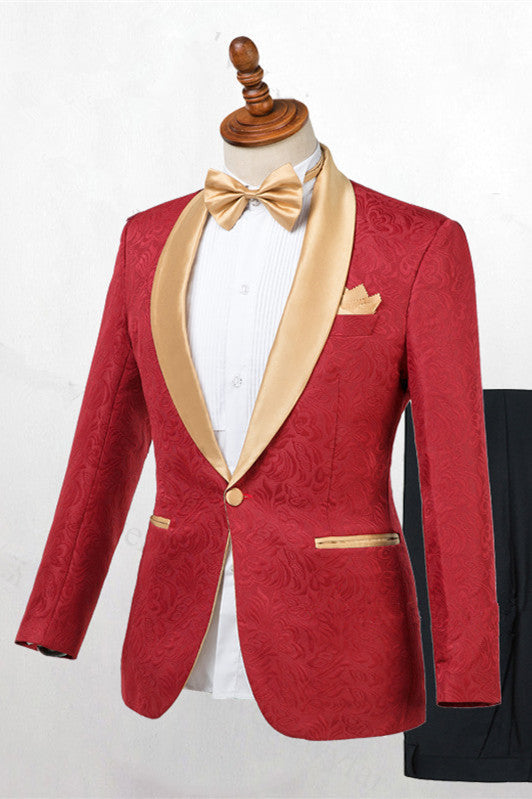 Gentle Red Jacquard Shawl Lapel One-Button Wedding Suit