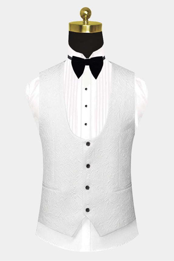 Gentle White Jacquard Wedding Suit with Black Satin Lapel for Men 2024