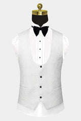 Gentle White Jacquard Wedding Suit with Black Satin Lapel for Men 2024