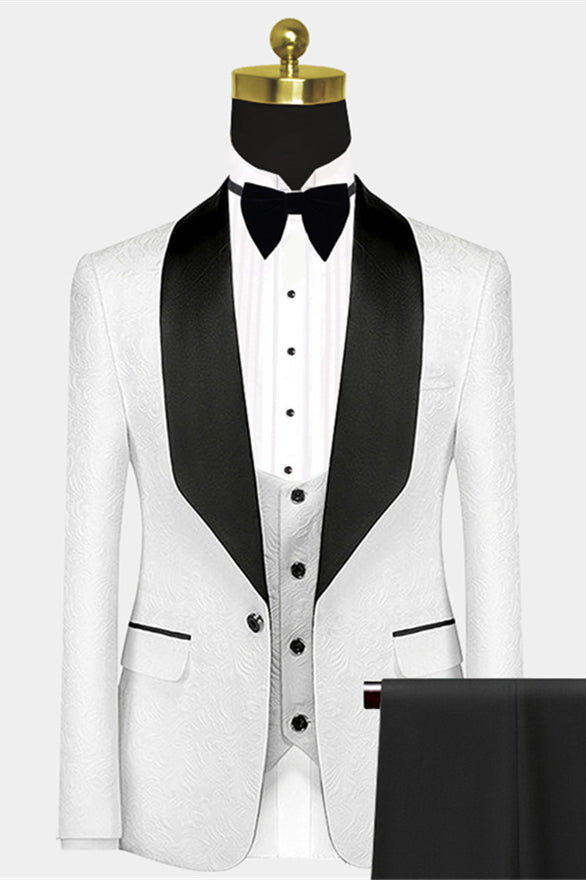 Gentle White Jacquard Wedding Suit with Black Satin Lapel for Men 2024