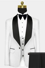 Gentle White Jacquard Wedding Suit with Black Satin Lapel for Men 2024