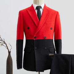 Glamorous Black and Red Stitching Double Breasted Suit for Men Gentle with Peaked Lapel