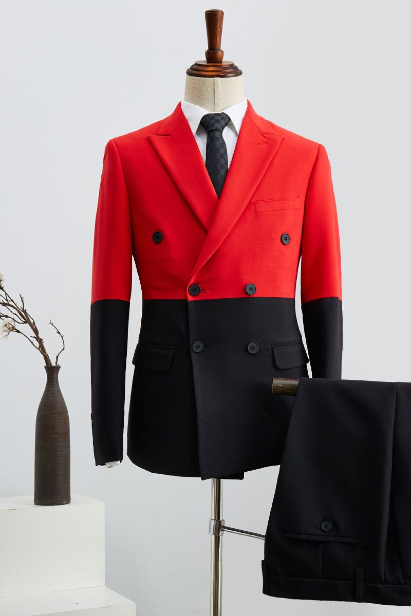 Glamorous Black and Red Stitching Double Breasted Suit for Men Gentle with Peaked Lapel