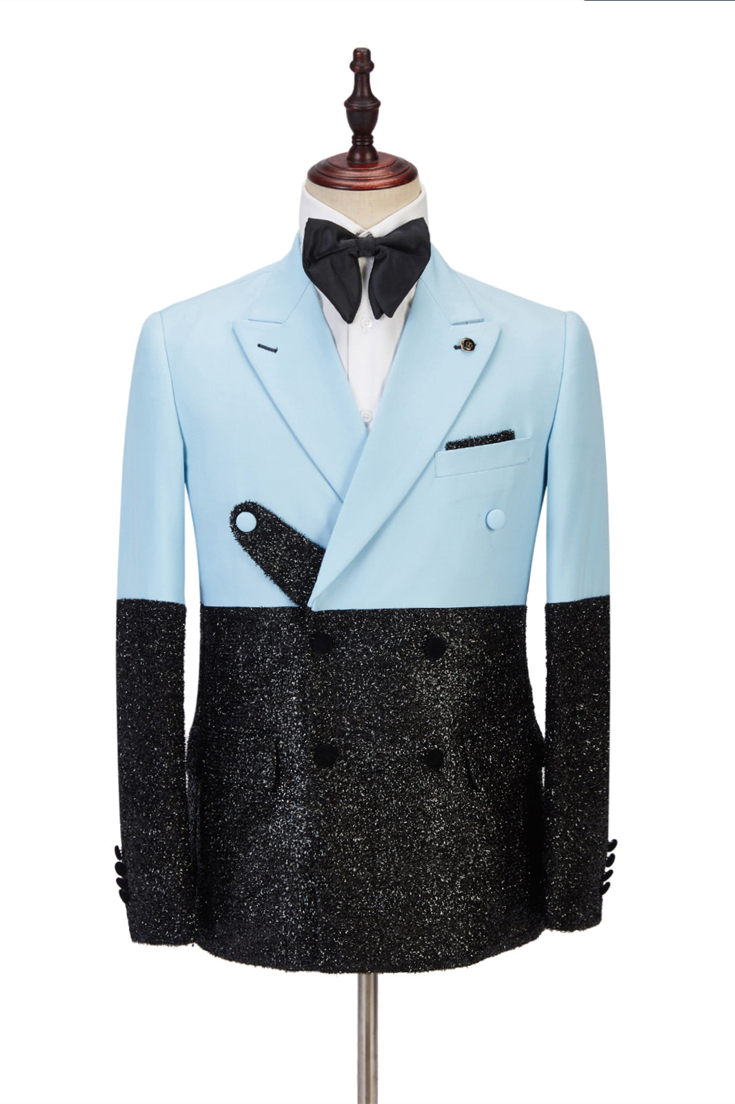 Glamorous Black Peak Lapel Sky Blue Sparkle Two-Piece Evening Suit