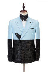 Glamorous Black Peak Lapel Sky Blue Sparkle Two-Piece Evening Suit