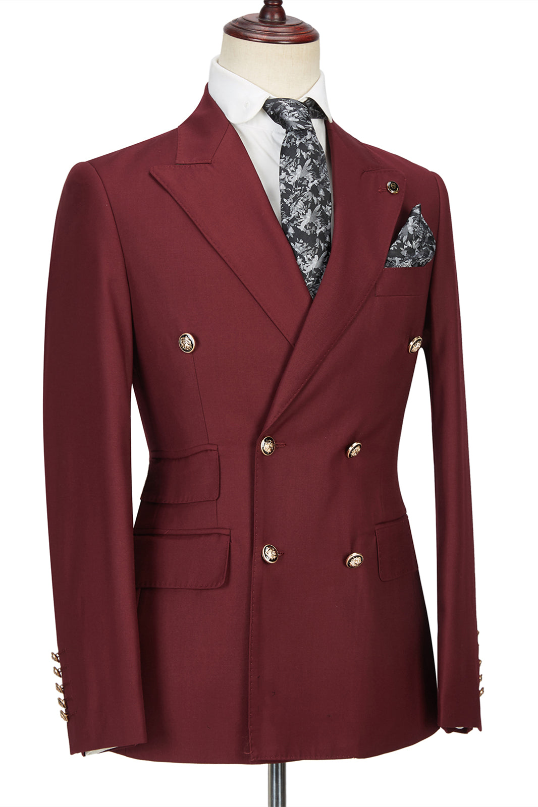 Glamorous Burgundy Groomsmen Outfit with Peak Lapel and Double-Breasted Design