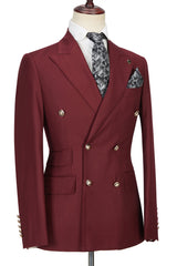 Glamorous Burgundy Groomsmen Outfit with Peak Lapel and Double-Breasted Design