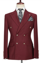 Glamorous Burgundy Groomsmen Outfit with Peak Lapel and Double-Breasted Design