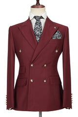 Glamorous Burgundy Groomsmen Outfit with Peak Lapel and Double-Breasted Design