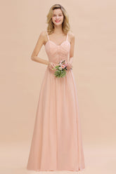 Glamorous Chiffon Spaghetti Straps Ruffle Long Bridesmaid Dress Affordable-Babyonlines