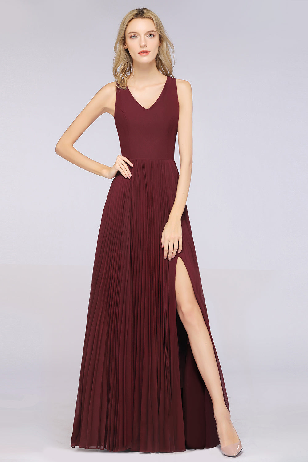 Glamorous Chiffon V-Neck Ruffle Burgundy Bridesmaid Dresses Affordable-Babyonlines