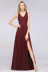 Glamorous Chiffon V-Neck Ruffle Burgundy Bridesmaid Dresses Affordable-Babyonlines
