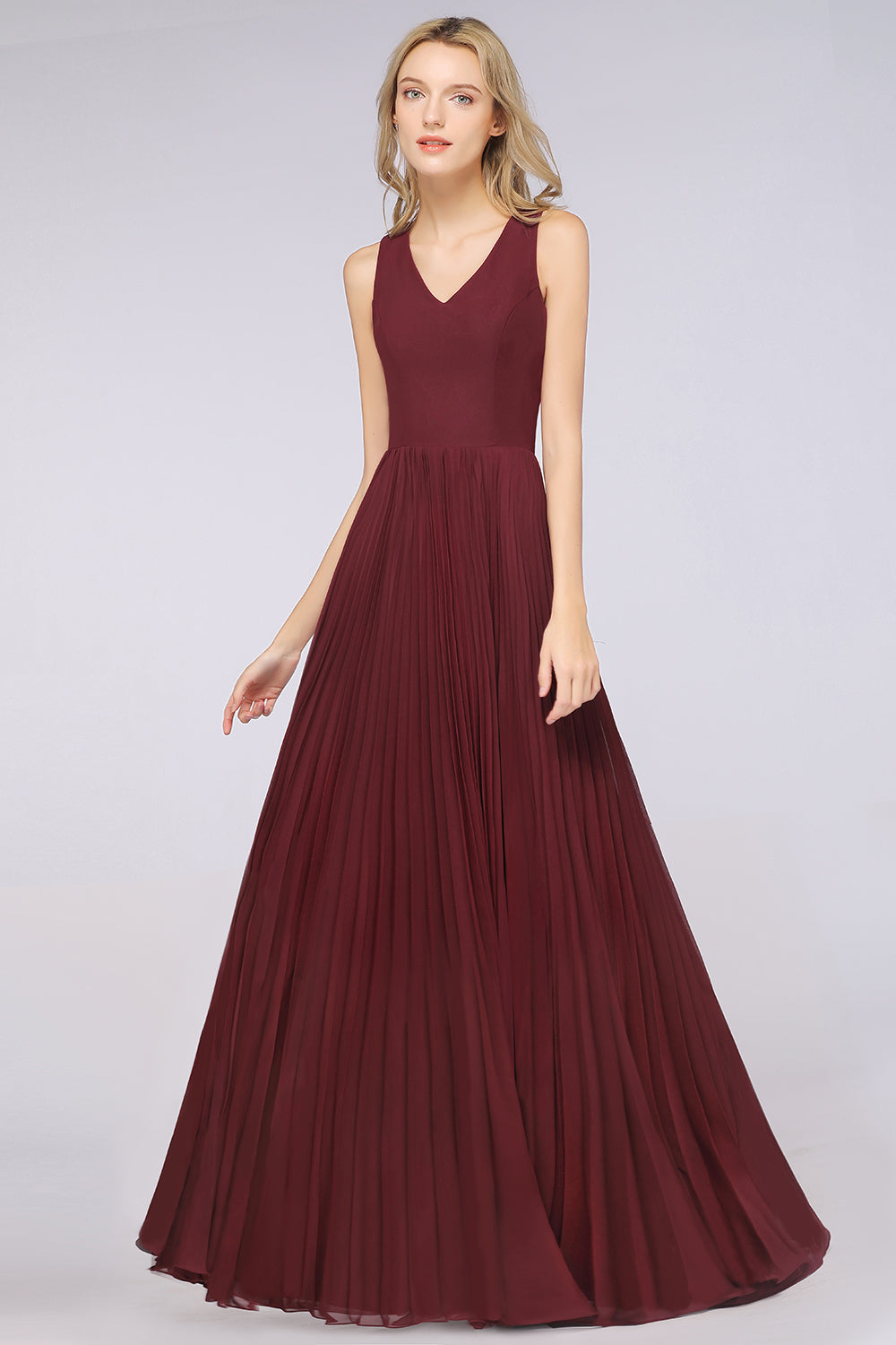 Glamorous Chiffon V-Neck Ruffle Burgundy Bridesmaid Dresses Affordable-Babyonlines