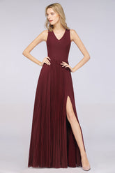 Glamorous Chiffon V-Neck Ruffle Burgundy Bridesmaid Dresses Affordable-Babyonlines