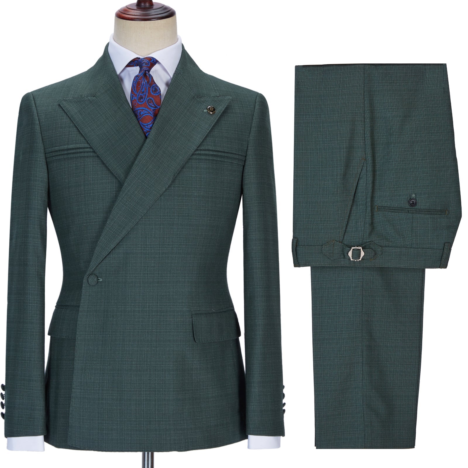Glamorous Dark Green Peaked Lapel Wedding Suit with Ruffles