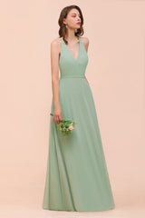 Glamorous Dusty Sage V-Neck Straps Affordable Bridesmaid Dress-Babyonlines