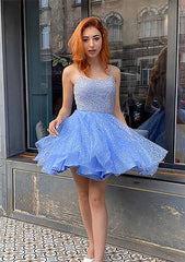 Glamorous A-line Square Neckline Sleeveless Tulle Homecoming Dress with Sequins Glitter - Babyonlines