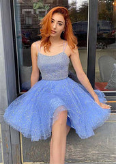 Glamorous A-line Square Neckline Sleeveless Tulle Homecoming Dress with Sequins Glitter - Babyonlines