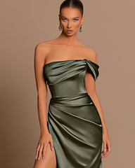 Green One Shoulder Strapless Mermaid Long Prom Dress with Split