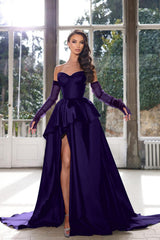 Glamorous Ink Blue Strapless Prom Dress with High Split